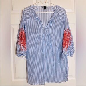 J. Crew Beach Tunic Embroidered Blue Tie Front Swimwear Beach Top Size XS